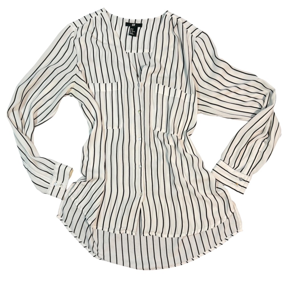 H&M Striped Blouse Womens Size 10 White Black V-Neck Roll Tab Sleeve Button Down - Picture 13 of 14